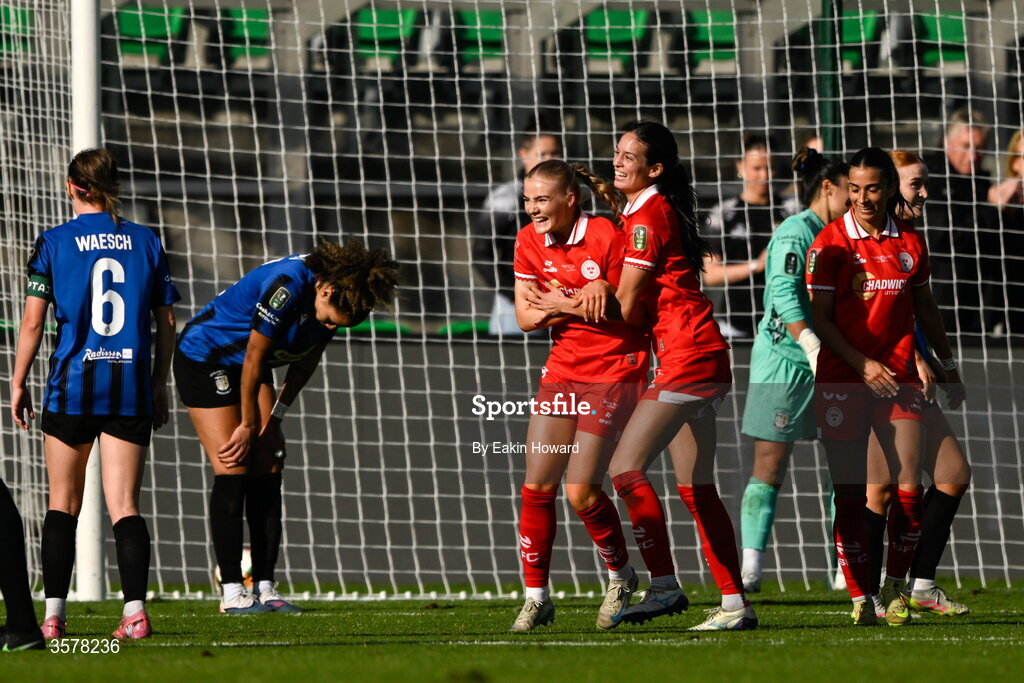 27 September 2026; Maeve Wollmer of Shelbourne celebrates after scoring her side's third goal with team-mates during the 2026 Club Orange Women's FAI Cup final between Athlone Town and Shelbourne at Tallaght Stadium in Dublin. Photo by Eakin Howard/Sportsfile