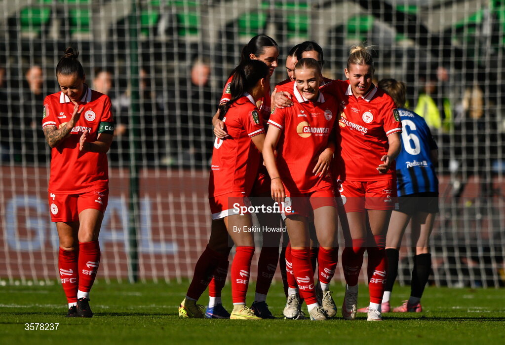 27 September 2026; Maeve Wollmer of Shelbourne celebrates after scoring her side's third goal with team-mates during the 2026 Club Orange Women's FAI Cup final between Athlone Town and Shelbourne at Tallaght Stadium in Dublin. Photo by Eakin Howard/Sportsfile