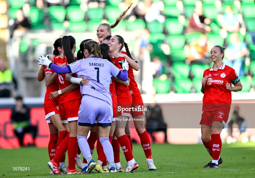 27 September 2026; Alex Kavanagh of Shelbourne celebrates after scoring her side's second goal with team-mates during the 2026 Club Orange Women's FAI Cup final between Athlone Town and Shelbourne at Tallaght Stadium in Dublin. Photo by Eakin Howard/Sportsfile