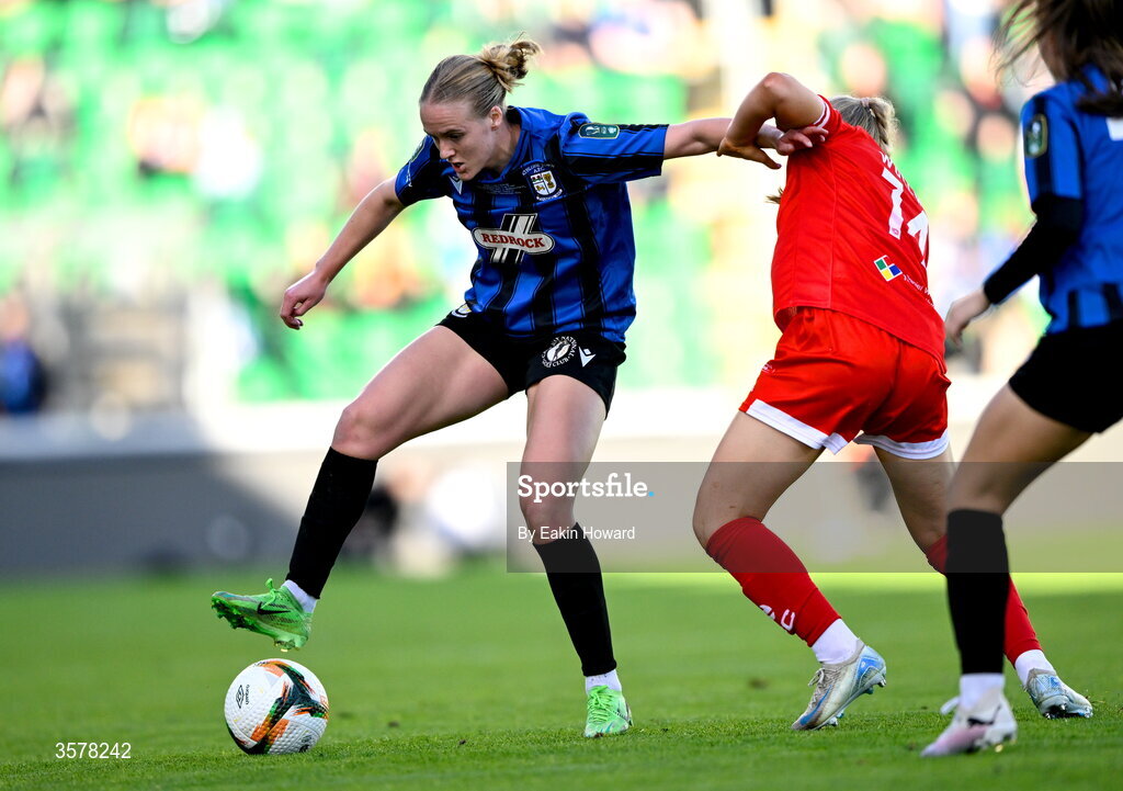 27 September 2026; Phoebe Hampson of Athlone Town in action against Maeve Wollmer of Shelbourne during the 2026 Club Orange Women's FAI Cup final between Athlone Town and Shelbourne at Tallaght Stadium in Dublin. Photo by Eakin Howard/Sportsfile