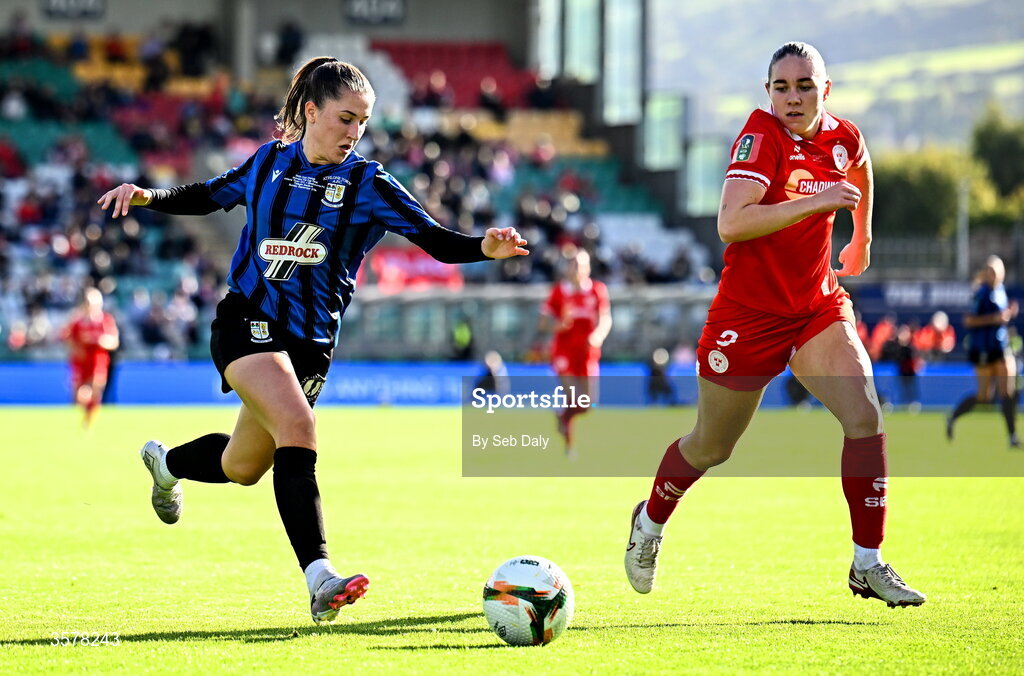 27 September 2026; Isabel Ryan of Athlone Town in action against Leah Doyle of Shelbourne during the 2026 Club Orange Women's FAI Cup final between Athlone Town and Shelbourne at Tallaght Stadium in Dublin. Photo by Seb Daly/Sportsfile