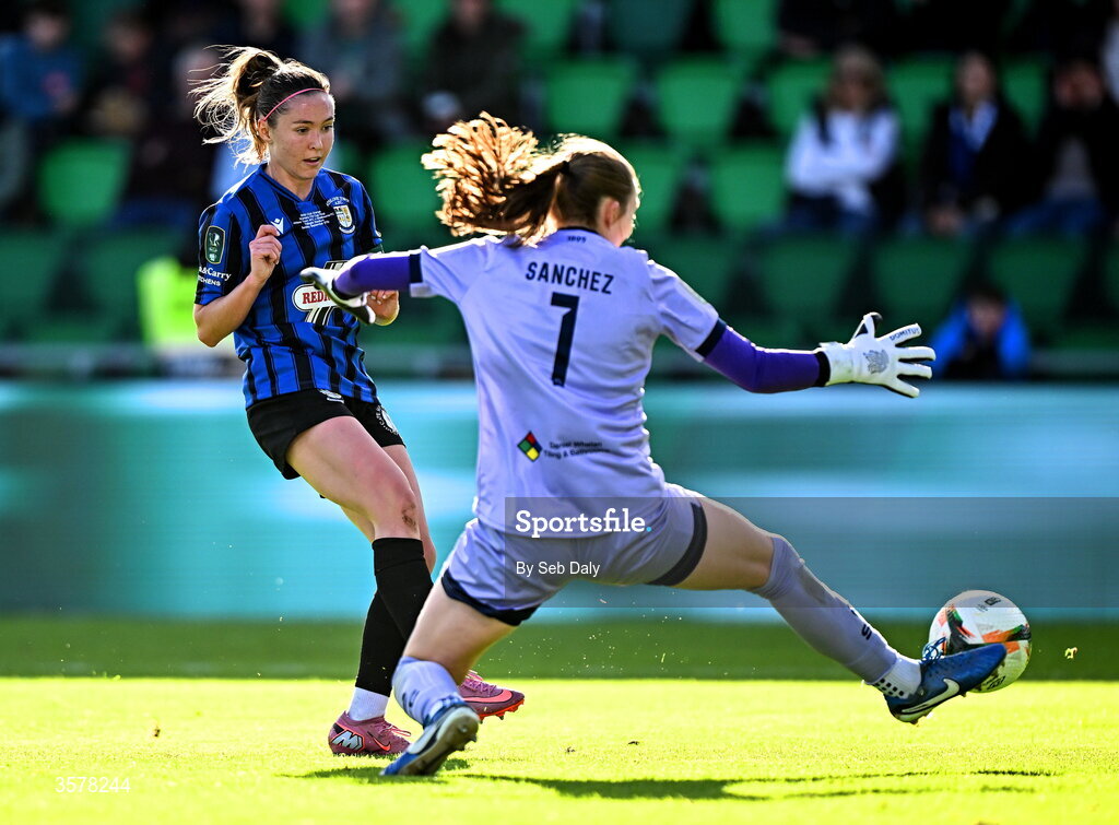27 September 2026; Hannah Waesch of Athlone Town has a shot saved by Shelbourne goalkeeper Mya Sanchez during the 2026 Club Orange Women's FAI Cup final between Athlone Town and Shelbourne at Tallaght Stadium in Dublin. Photo by Seb Daly/Sportsfile