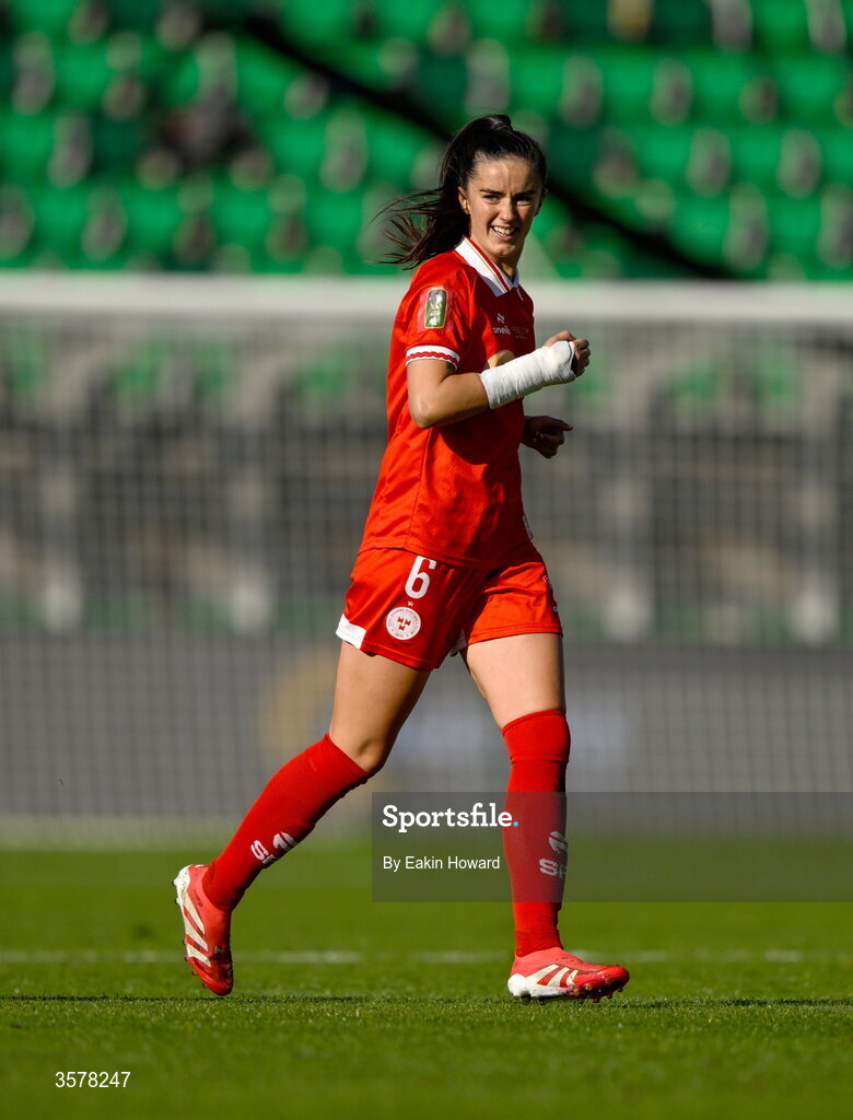 27 September 2026; Alex Kavanagh of Shelbourne celebrates after scoring her side's second goal during the 2026 Club Orange Women's FAI Cup final between Athlone Town and Shelbourne at Tallaght Stadium in Dublin. Photo by Eakin Howard/Sportsfile