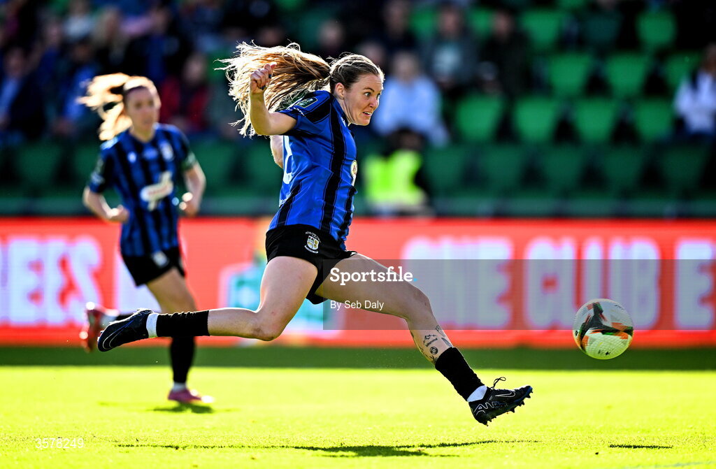 27 September 2026; Dana Scheriff of Athlone Town shoots at goal during the 2026 Club Orange Women's FAI Cup final between Athlone Town and Shelbourne at Tallaght Stadium in Dublin. Photo by Seb Daly/Sportsfile