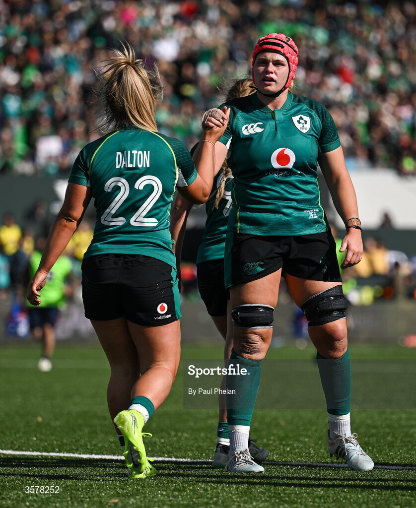 27 September 2026; Aoife Dalton of Ireland, left, celebrates with Dorothy Wall after she scores her sides fourth try during the WXV Global Series match between Ireland and Japan at Dexcom Stadium in Galway. Photo by Paul Phelan/Sportsfile