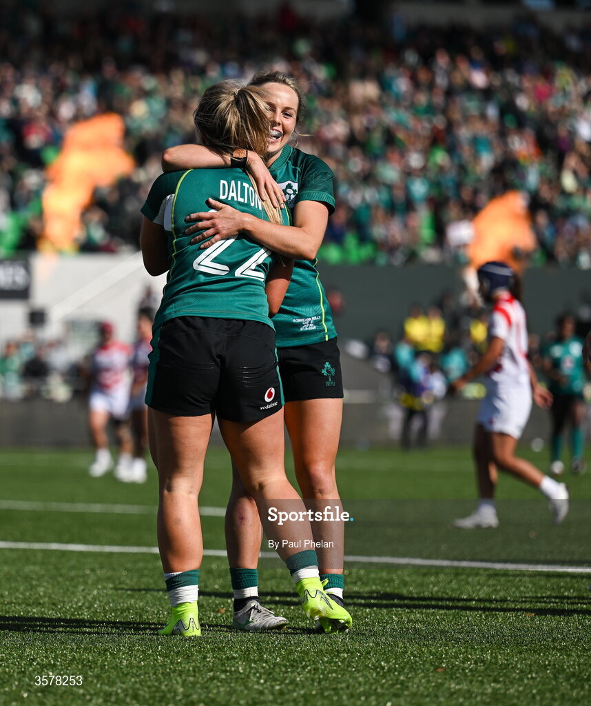 27 September 2026; Aoife Dalton of Ireland, left, celebrates with Aoibheann Reilly of Ireland after she scores her sides fourth try during the WXV Global Series match between Ireland and Japan at Dexcom Stadium in Galway. Photo by Paul Phelan/Sportsfile