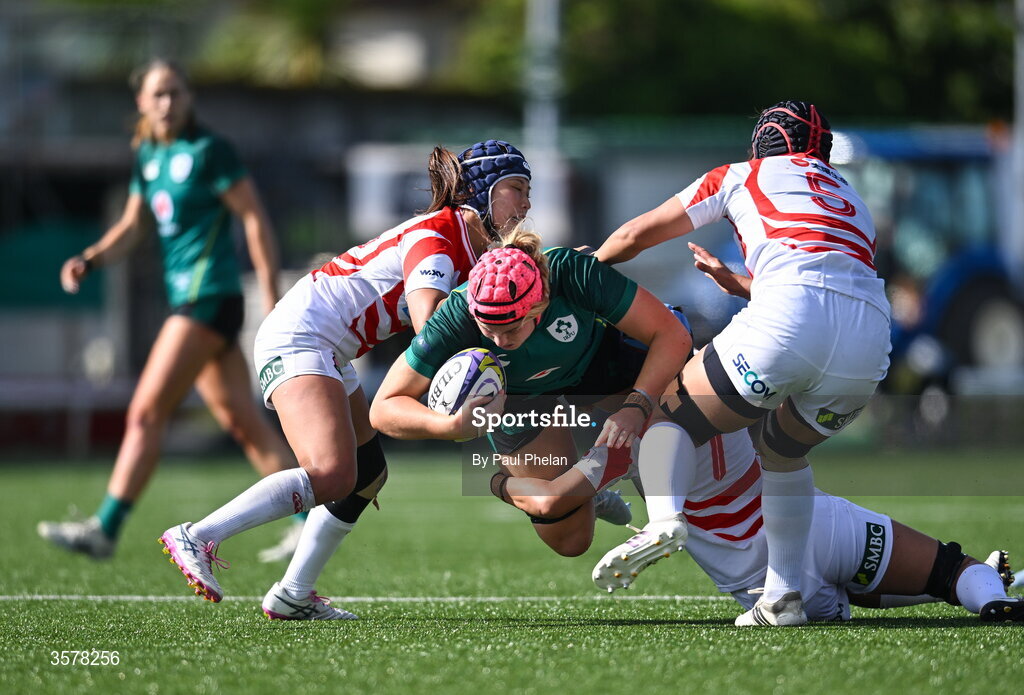 27 September 2026; Dorothy Wall of Ireland is tackled by Sawa Harada and Sakurako Korai of Japan during the WXV Global Series match between Ireland and Japan at Dexcom Stadium in Galway. Photo by Paul Phelan/Sportsfile