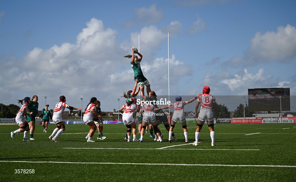 27 September 2026; Erin King of Ireland wins a lineout during the WXV Global Series match between Ireland and Japan at Dexcom Stadium in Galway. Photo by Paul Phelan/Sportsfile