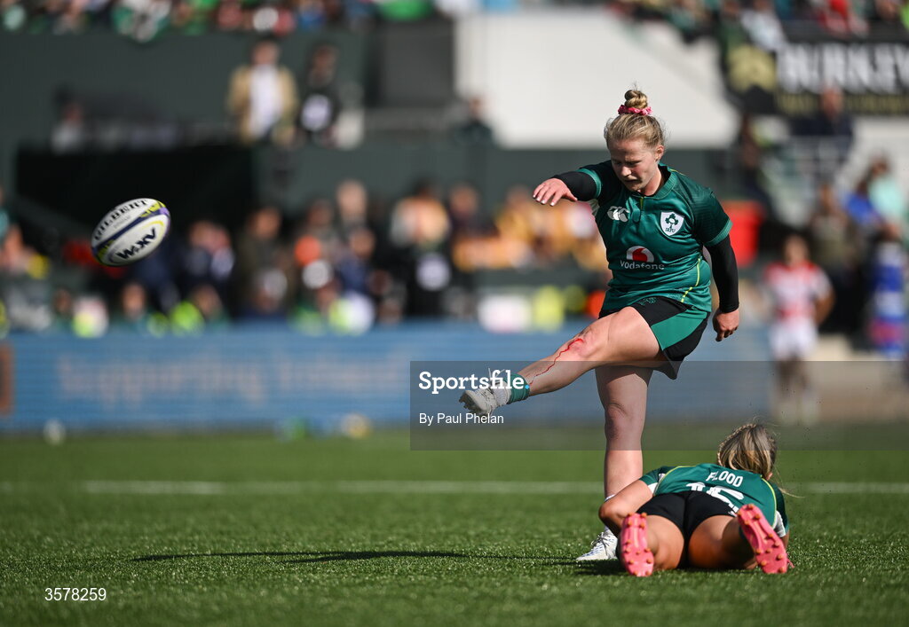 27 September 2026; Dannah O’Brien of Ireland scores a conversion during the WXV Global Series match between Ireland and Japan at Dexcom Stadium in Galway. Photo by Paul Phelan/Sportsfile