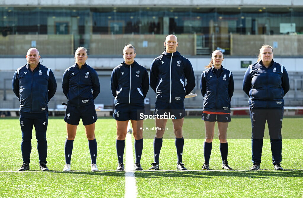 27 September 2026; Match officials including assistant referee 2 Doriane Constanty, second from left, referee Ella Goldsmith, third from left, assistant referee 1 George Selwood, fourth from left and official Siobhan Daly, fifth from left, before the WXV Global Series match between Ireland and Japan at Dexcom Stadium in Galway. Photo by Paul Phelan/Sportsfile