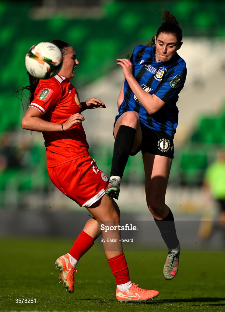 27 September 2026; Halle Harcourt of Shelbourne in action against Kellie Brennan of Athlone Town during the 2026 Club Orange Women's FAI Cup final between Athlone Town and Shelbourne at Tallaght Stadium in Dublin. Photo by Eakin Howard/Sportsfile