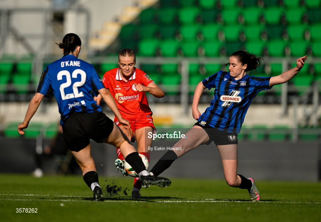 27 September 2026; Maeve Wollmer of Shelbourne in action against Melissa O'Kane of Athlone Town and Kellie Brennan during the 2026 Club Orange Women's FAI Cup final between Athlone Town and Shelbourne at Tallaght Stadium in Dublin. Photo by Eakin Howard/Sportsfile