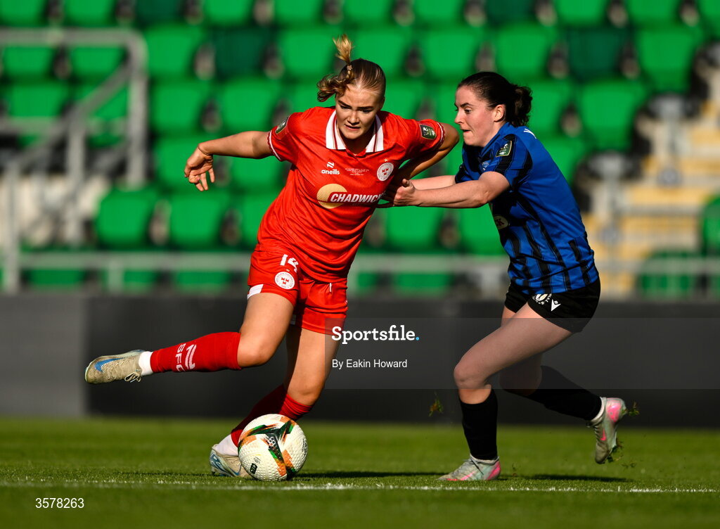 27 September 2026; Maeve Wollmer of Shelbourne in action against Kellie Brennan of Athlone Town during the 2026 Club Orange Women's FAI Cup final between Athlone Town and Shelbourne at Tallaght Stadium in Dublin. Photo by Eakin Howard/Sportsfile