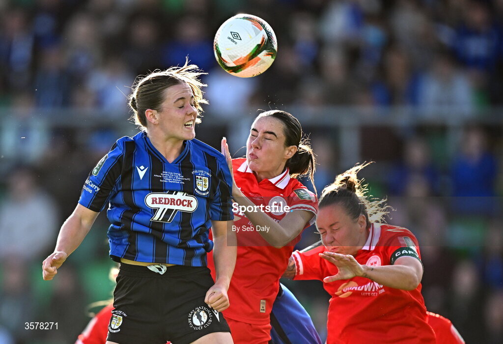 27 September 2026; Emma Mooney of Athlone Town in action against Aoife Kelly of Shelbourne during the 2026 Club Orange Women's FAI Cup final between Athlone Town and Shelbourne at Tallaght Stadium in Dublin. Photo by Seb Daly/Sportsfile