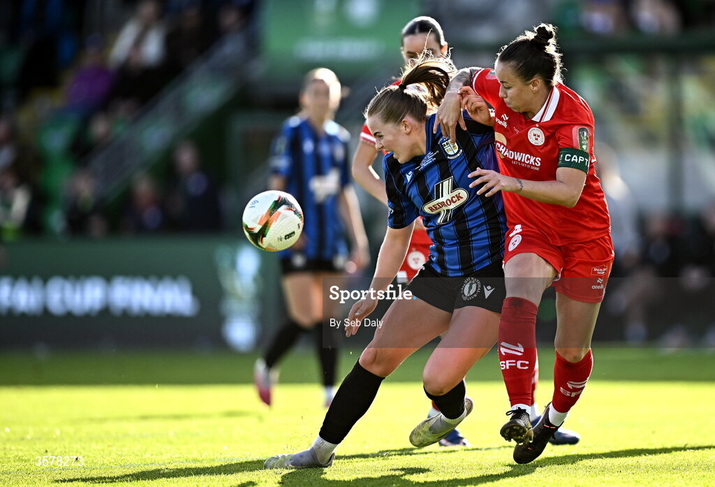 27 September 2026; Kerryanne Brown of Athlone Town in action against Pearl Slattery of Shelbourne during the 2026 Club Orange Women's FAI Cup final between Athlone Town and Shelbourne at Tallaght Stadium in Dublin. Photo by Seb Daly/Sportsfile