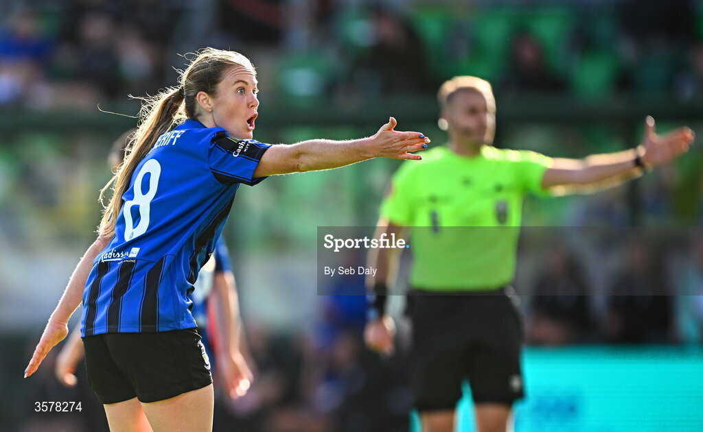 27 September 2026; Dana Scheriff of Athlone Town reacts during the 2026 Club Orange Women's FAI Cup final between Athlone Town and Shelbourne at Tallaght Stadium in Dublin. Photo by Seb Daly/Sportsfile