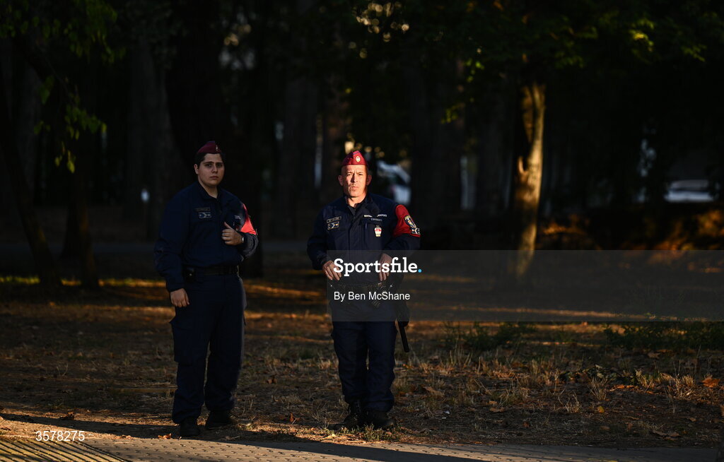 27 September 2026; Police stand at attention on the perimeter of the stadium before the UEFA Nations League B match between Israel and the Republic of Ireland at Nagyerdei Stadion in Debrecen, Hungary. Photo by Ben McShane/Sportsfile