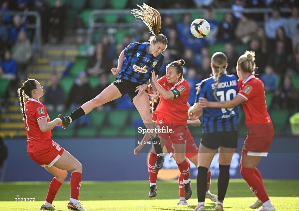 27 September 2026; Dana Scheriff of Athlone Town heads at goal, under pressure from Shelbourne's Pearl Slattery, during the 2026 Club Orange Women's FAI Cup final between Athlone Town and Shelbourne at Tallaght Stadium in Dublin. Photo by Seb Daly/Sportsfile