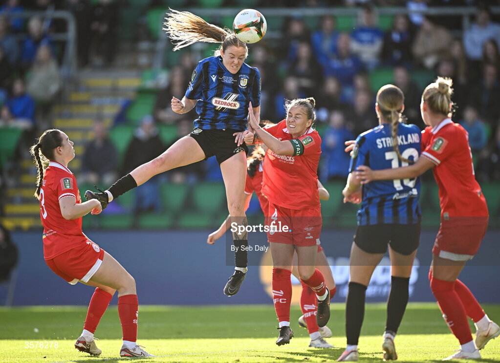 27 September 2026; Dana Scheriff of Athlone Town heads at goal, under pressure from Shelbourne's Pearl Slattery, during the 2026 Club Orange Women's FAI Cup final between Athlone Town and Shelbourne at Tallaght Stadium in Dublin. Photo by Seb Daly/Sportsfile