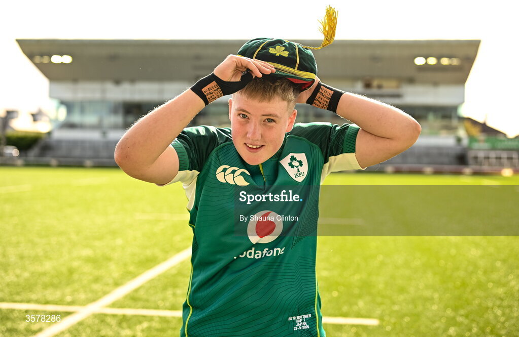 27 September 2026; Beth Buttimer of Ireland with her first cap after the WXV Global Series match between Ireland and Japan at Dexcom Stadium in Galway. Photo by Shauna Clinton/Sportsfile