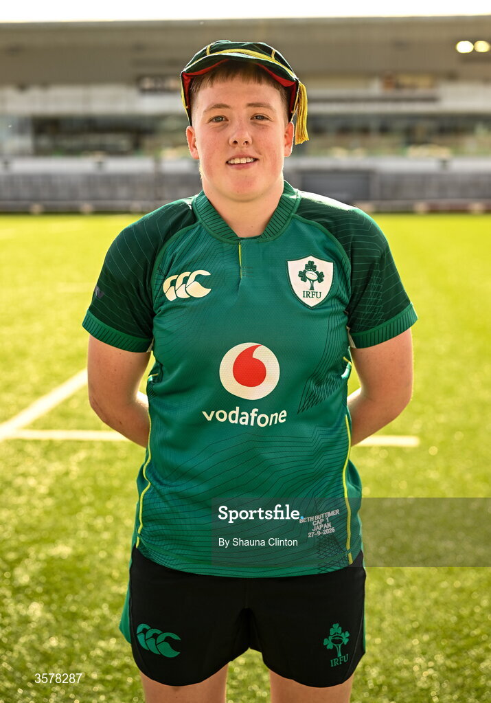 27 September 2026; Beth Buttimer of Ireland with her first cap after the WXV Global Series match between Ireland and Japan at Dexcom Stadium in Galway. Photo by Shauna Clinton/Sportsfile