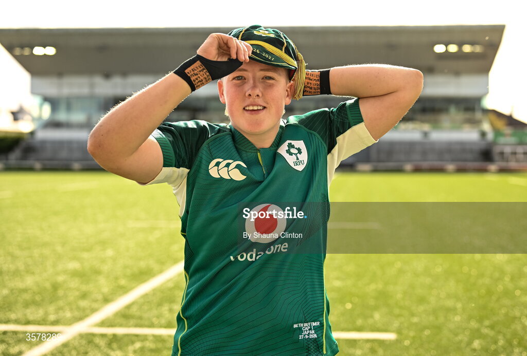 27 September 2026; Beth Buttimer of Ireland with her first cap after the WXV Global Series match between Ireland and Japan at Dexcom Stadium in Galway. Photo by Shauna Clinton/Sportsfile