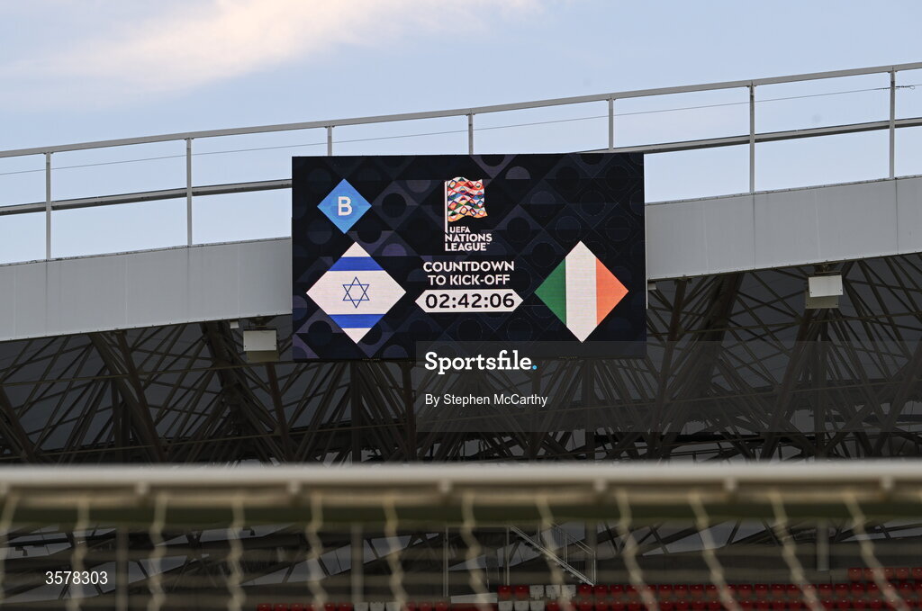27 September 2026; The scoreboard showing the countdown time to the UEFA Nations League B match between Israel and the Republic of Ireland at Nagyerdei Stadion in Debrecen, Hungary. Photo by Stephen McCarthy/Sportsfile