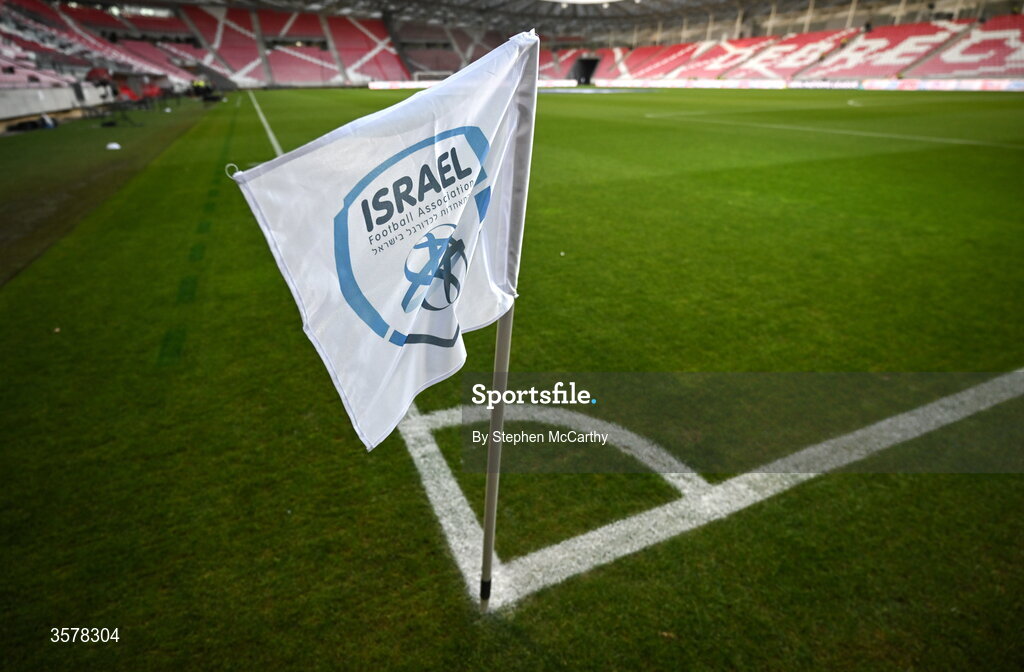 27 September 2026; An Israel branded corner flag inside the stadium before the UEFA Nations League B match between Israel and the Republic of Ireland at Nagyerdei Stadion in Debrecen, Hungary. Photo by Stephen McCarthy/Sportsfile
