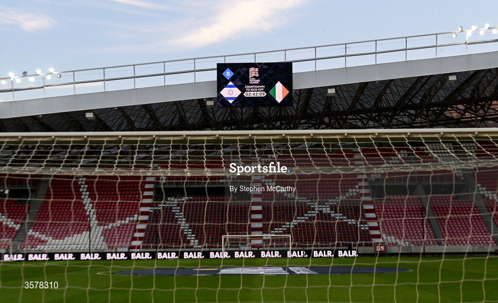 27 September 2026; The scoreboard showing the countdown time to the UEFA Nations League B match between Israel and the Republic of Ireland at Nagyerdei Stadion in Debrecen, Hungary. Photo by Stephen McCarthy/Sportsfile