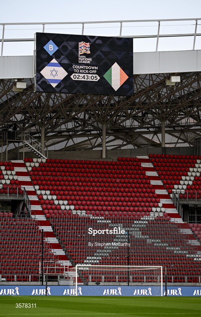 27 September 2026; The scoreboard showing the countdown time to the UEFA Nations League B match between Israel and the Republic of Ireland at Nagyerdei Stadion in Debrecen, Hungary. Photo by Stephen McCarthy/Sportsfile