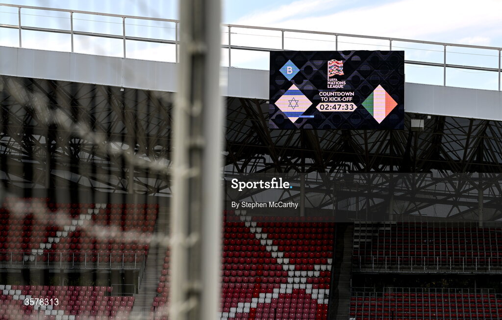 27 September 2026; The scoreboard showing the countdown time to the UEFA Nations League B match between Israel and the Republic of Ireland at Nagyerdei Stadion in Debrecen, Hungary. Photo by Stephen McCarthy/Sportsfile