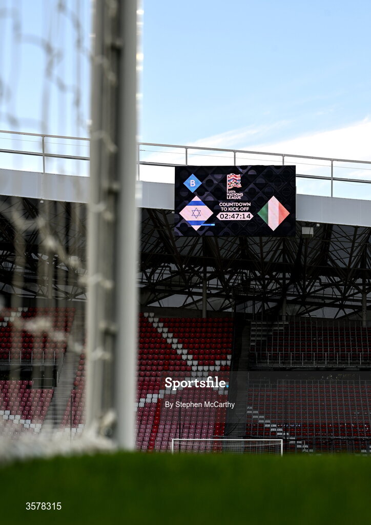 27 September 2026; The scoreboard showing the countdown time to the UEFA Nations League B match between Israel and the Republic of Ireland at Nagyerdei Stadion in Debrecen, Hungary. Photo by Stephen McCarthy/Sportsfile