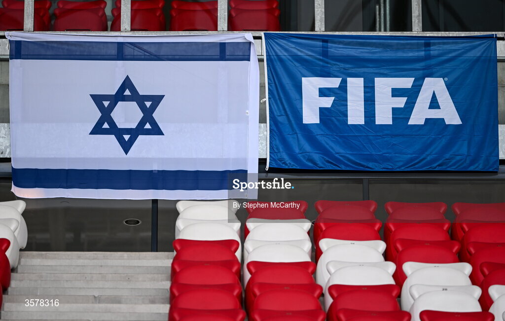 27 September 2026; An Israeli flag next to the FIFA flag in the stadium before the UEFA Nations League B match between Israel and the Republic of Ireland at Nagyerdei Stadion in Debrecen, Hungary. Photo by Stephen McCarthy/Sportsfile