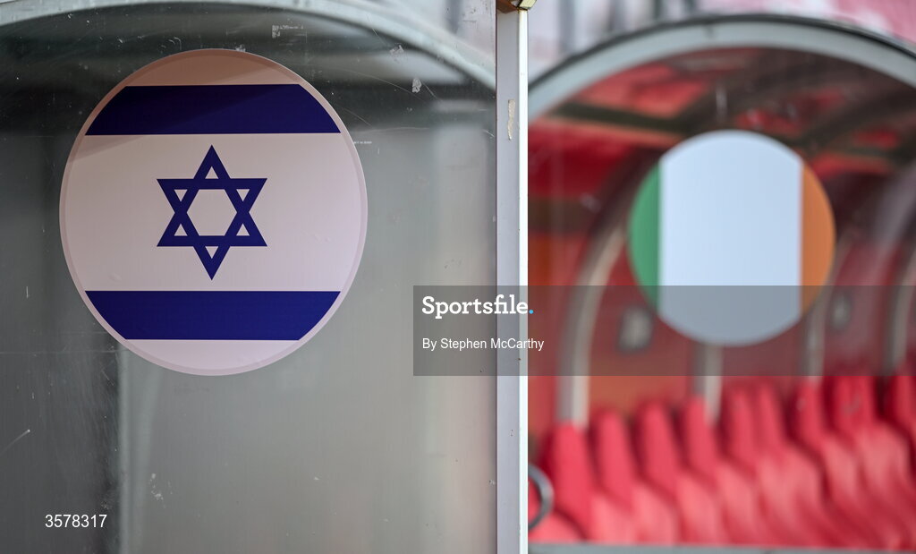 27 September 2026; Stickers showing the Israel and Republic of Ireland flags on their respective dugouts before the UEFA Nations League B match between Israel and the Republic of Ireland at Nagyerdei Stadion in Debrecen, Hungary. Photo by Stephen McCarthy/Sportsfile