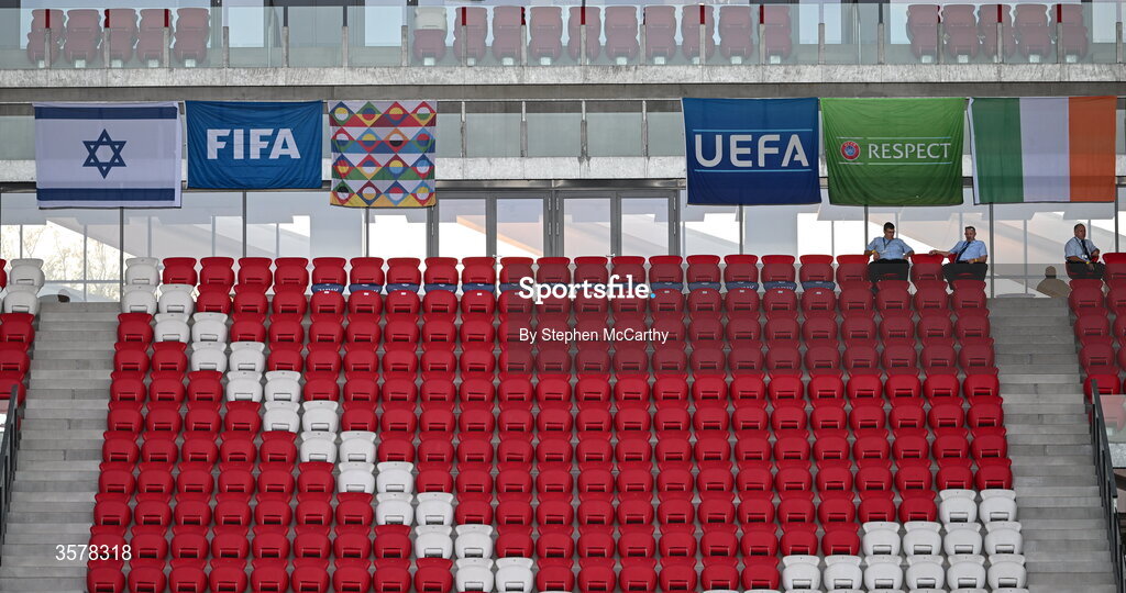 27 September 2026; Flags flying in the stadium, from left, the Israeli flag, the FIFA flag, the Nations League flag, the UEFA flag, the UEFA respect campaign flag and the Republic of Ireland flag, before the UEFA Nations League B match between Israel and the Republic of Ireland at Nagyerdei Stadion in Debrecen, Hungary. Photo by Stephen McCarthy/Sportsfile
