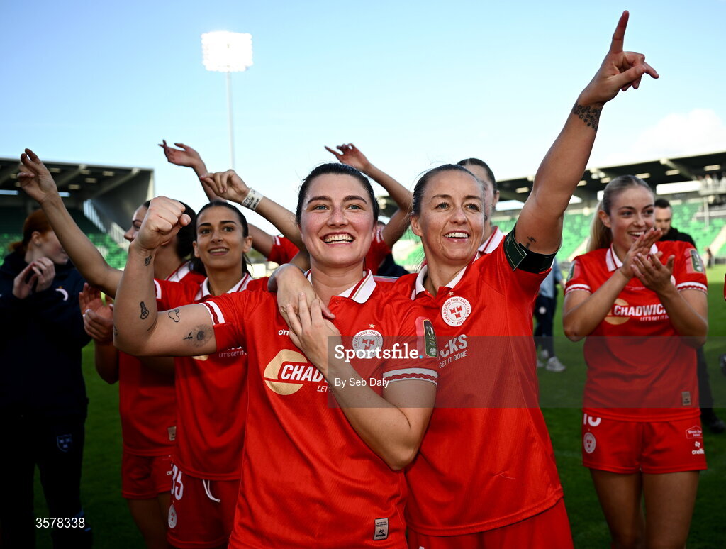 27 September 2026; Shelbourne players, Keeva Keenan, left, and Pearl Slattery celebrate after the 2026 Club Orange Women's FAI Cup final between Athlone Town and Shelbourne at Tallaght Stadium in Dublin. Photo by Seb Daly/Sportsfile
