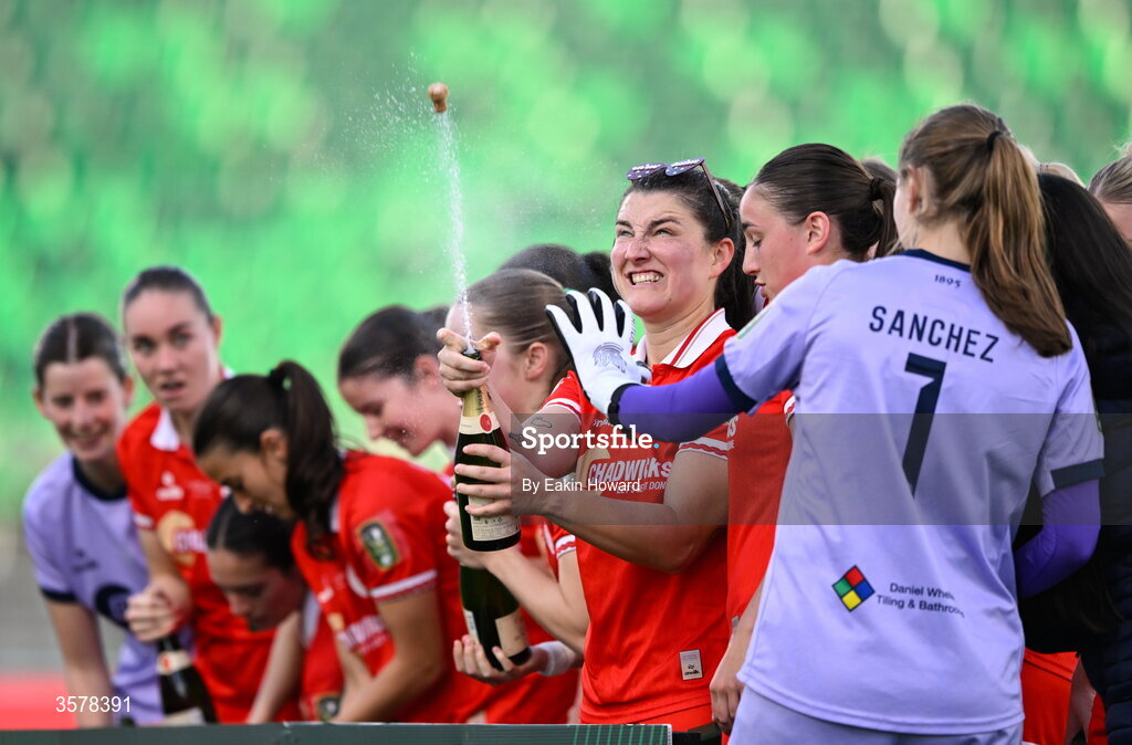 27 September 2026; Keeva Keenan of Shelbourne pops a bottle of champagne after winning the 2026 Club Orange Women's FAI Cup final between Athlone Town and Shelbourne at Tallaght Stadium in Dublin. Photo by Eakin Howard/Sportsfile