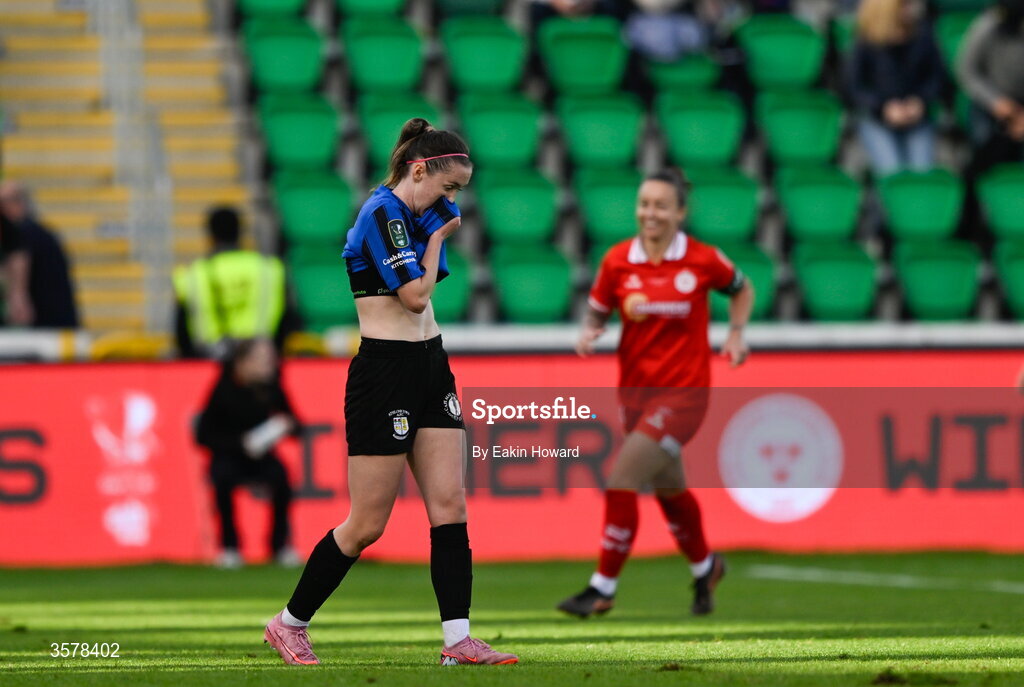 27 September 2026; Hannah Waesch of Athlone Town reacts after the 2026 Club Orange Women's FAI Cup final between Athlone Town and Shelbourne at Tallaght Stadium in Dublin. Photo by Eakin Howard/Sportsfile