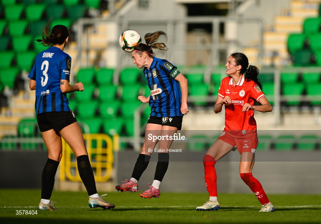 27 September 2026; Hannah Waesch of Athlone Town in action against Isabella Flocchini of Shelbourne during the 2026 Club Orange Women's FAI Cup final between Athlone Town and Shelbourne at Tallaght Stadium in Dublin. Photo by Eakin Howard/Sportsfile