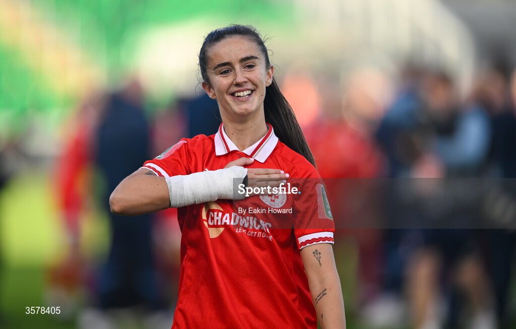 27 September 2026; Alex Kavanagh of Shelbourne celebrates after winning the 2026 Club Orange Women's FAI Cup final between Athlone Town and Shelbourne at Tallaght Stadium in Dublin. Photo by Eakin Howard/Sportsfile