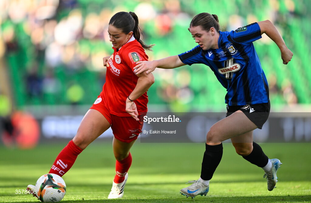27 September 2026; Becky Watkins of Shelbourne in action against Emma Mooney of Athlone Town during the 2026 Club Orange Women's FAI Cup final between Athlone Town and Shelbourne at Tallaght Stadium in Dublin. Photo by Eakin Howard/Sportsfile