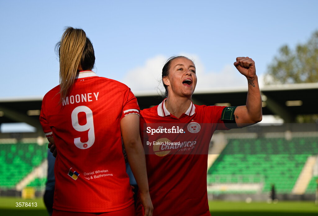 27 September 2026; Pearl Slattery of Shelbourne and Kate Mooney celebrate after winning the 2026 Club Orange Women's FAI Cup final between Athlone Town and Shelbourne at Tallaght Stadium in Dublin. Photo by Eakin Howard/Sportsfile