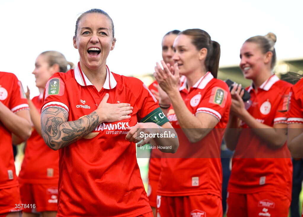 27 September 2026; Pearl Slattery of Shelbourne celebrates with team-mates after winning the 2026 Club Orange Women's FAI Cup final between Athlone Town and Shelbourne at Tallaght Stadium in Dublin. Photo by Eakin Howard/Sportsfile