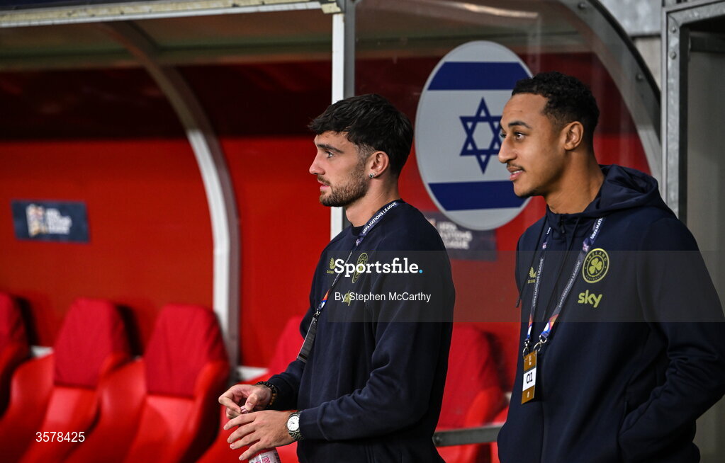 27 September 2026; Troy Parrott, left, and Adam Idah of Republic of Ireland walk the pitch before the UEFA Nations League B match between Israel and the Republic of Ireland at Nagyerdei Stadion in Debrecen, Hungary. Photo by Stephen McCarthy/Sportsfile