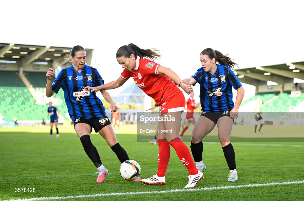 27 September 2026; Becky Watkins of Shelbourne in action against Madie Gibson of Athlone Town and Emma Mooney during the 2026 Club Orange Women's FAI Cup final between Athlone Town and Shelbourne at Tallaght Stadium in Dublin. Photo by Eakin Howard/Sportsfile
