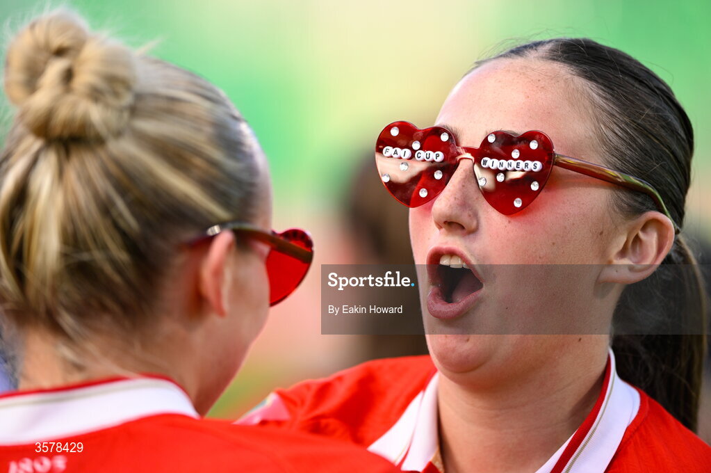 27 September 2026; Halle Harcourt of Shelbourne and Nia Hannon celebrate after winning the 2026 Club Orange Women's FAI Cup final between Athlone Town and Shelbourne at Tallaght Stadium in Dublin. Photo by Eakin Howard/Sportsfile