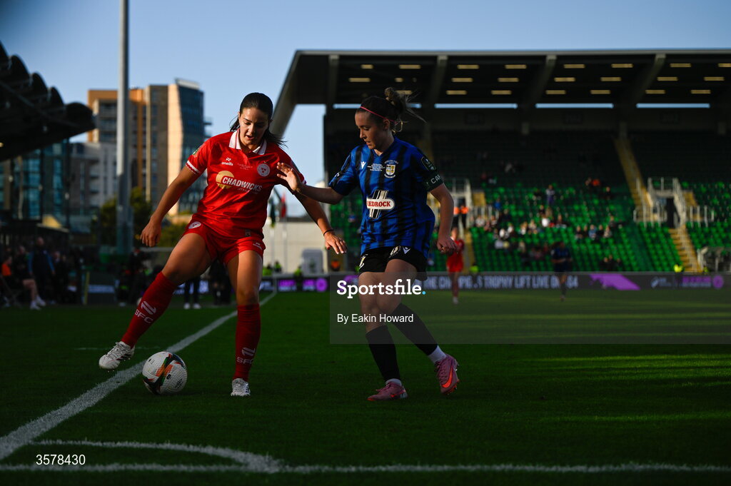 27 September 2026; Becky Watkins of Shelbourne in action against Hannah Waesch of Athlone Townduring the 2026 Club Orange Women's FAI Cup final between Athlone Town and Shelbourne at Tallaght Stadium in Dublin. Photo by Eakin Howard/Sportsfile