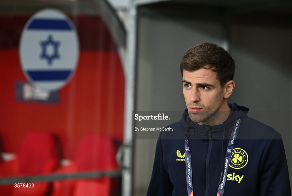 27 September 2026; Jayson Molumby of Republic of Ireland walks the pitch before the UEFA Nations League B match between Israel and the Republic of Ireland at Nagyerdei Stadion in Debrecen, Hungary. Photo by Stephen McCarthy/Sportsfile