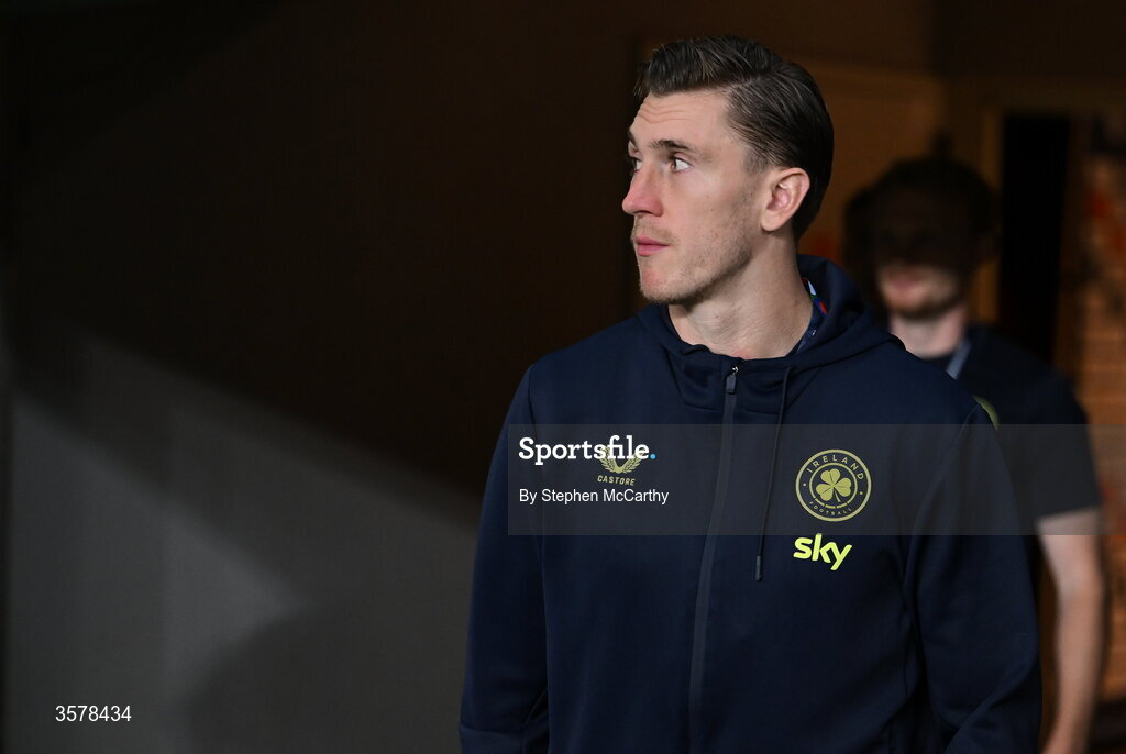 27 September 2026; Jimmy Dunne of Republic of Ireland walks the pitch before the UEFA Nations League B match between Israel and the Republic of Ireland at Nagyerdei Stadion in Debrecen, Hungary. Photo by Stephen McCarthy/Sportsfile
