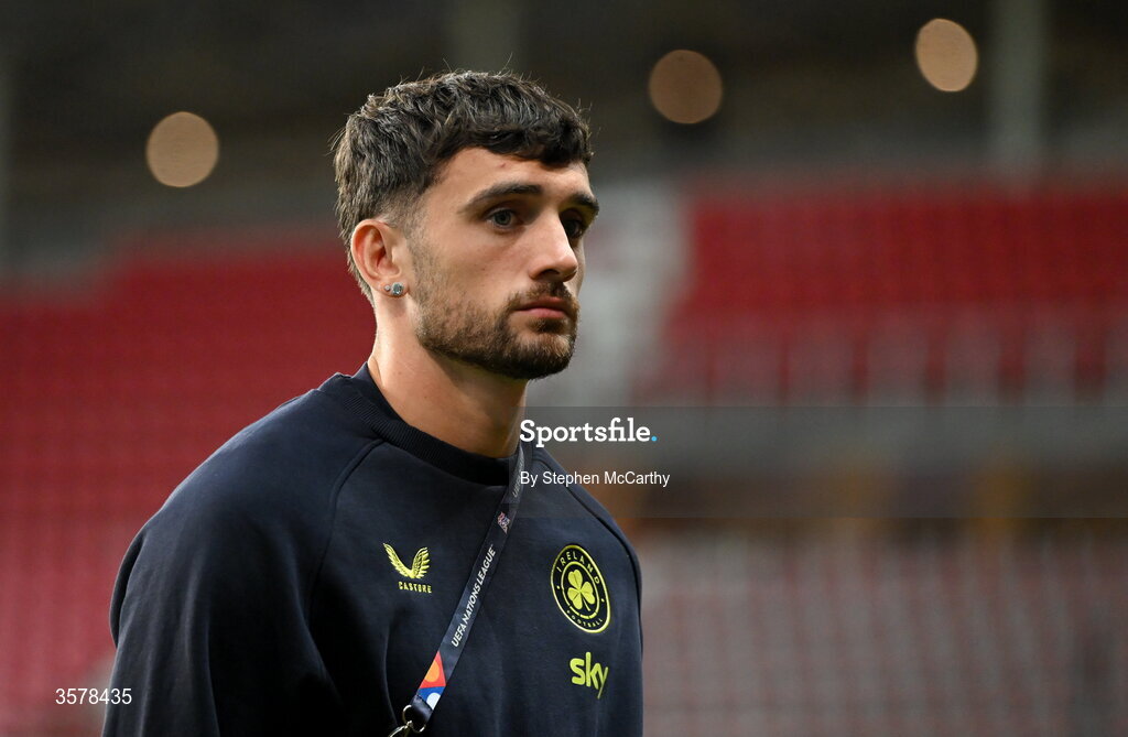 27 September 2026; Troy Parrott of Republic of Ireland walks the pitch before the UEFA Nations League B match between Israel and the Republic of Ireland at Nagyerdei Stadion in Debrecen, Hungary. Photo by Stephen McCarthy/Sportsfile